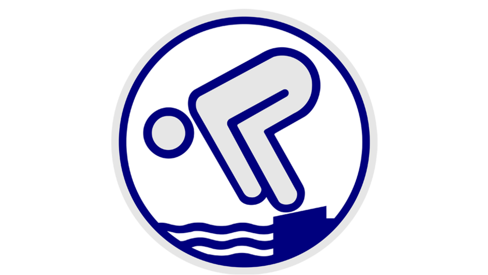 Das blaue und silberne Logo. Das blaue und silberne Logo zeigt eine stilisierte Figur in Startposition für einen Sprung ins Wasser.