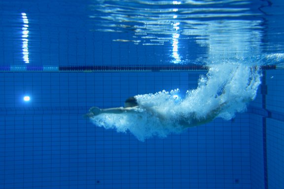 Ein Schwimmer unter Wasser. Ein Schwimmer taucht unter Wasser in einem Schwimmbecken.