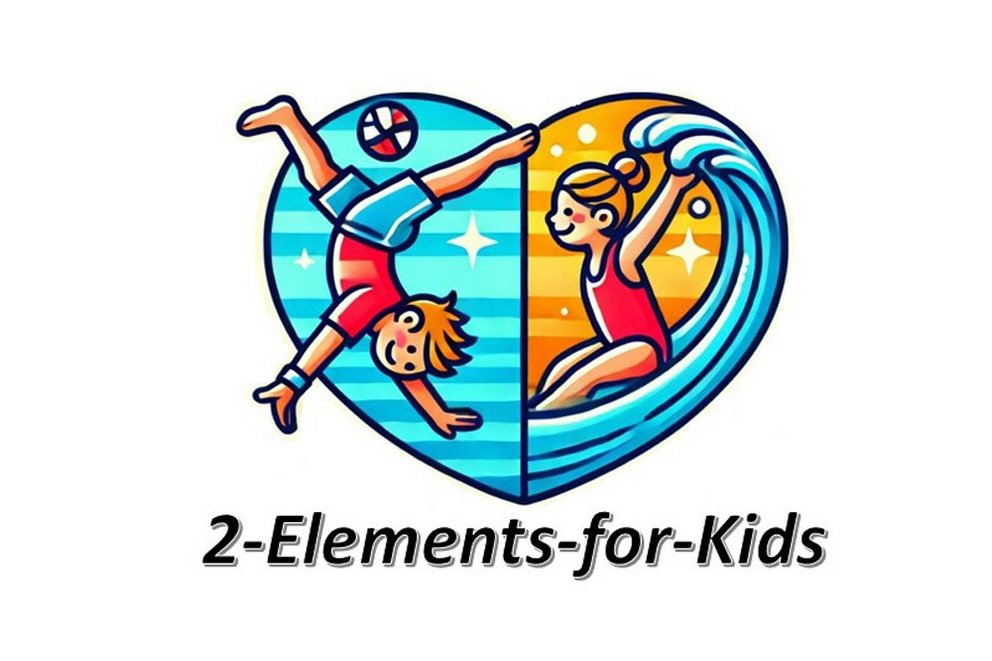 2 Elements für kinder. buntes Herz-Logo, das in zwei Hälften geteilt ist: links ein Junge mit Ball im Element Luft, rechts ein Mädchen mit Wasserwelle.