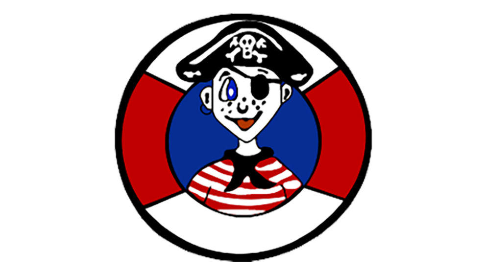 kindlich Piratenfigur. Dieses Logo zeigt eine kindlich gestaltete Piratenfigur in der Mitte eines Rettungsrings.