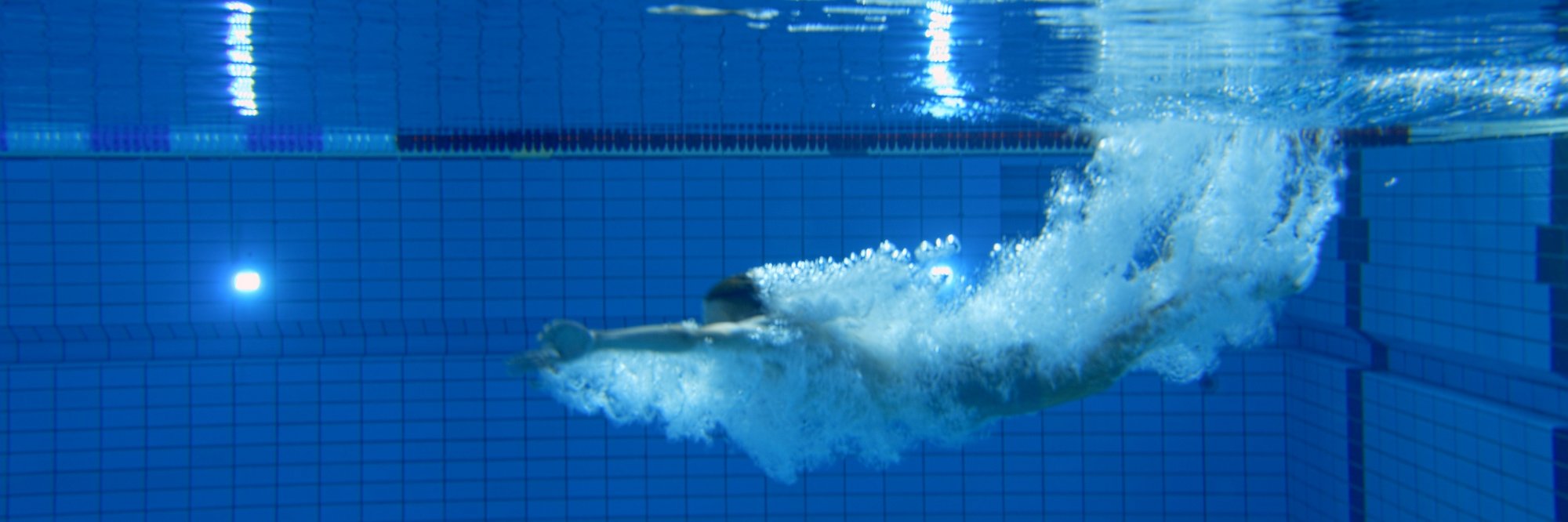 Schwimmer in sportlicher Pose im Becken Ein Schwimmer im Wasser eines Schwimmbeckens, der sich in einer sportlichen Pose befindet.