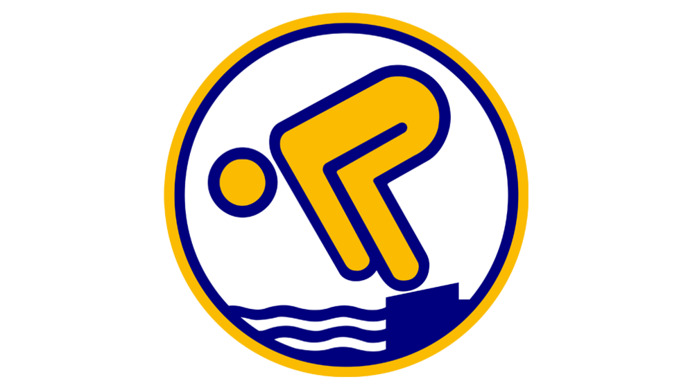 Goldenes und blaues deutsches Logo. Goldenes und blaues Logo mit einer stilisierten Figur, die sich in Startposition zum Sprung ins Wasser befindet.